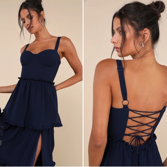 LULU's Sexy Prom Special Event Wedding Flowy Chiffon Corset Tie Back Maxi Dress - Picture 4 of 5